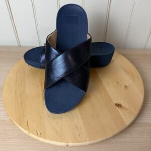 FitFlop NWOBox Womens Lulu Cross Glitz Slide Shoe Navy Blue Metallic 9M Comfort